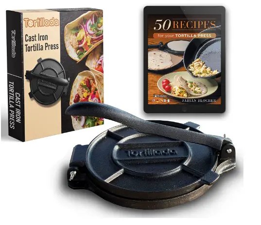 Tortillada – Tortilla Press, Quesadilla/Roti Maker (8 Inch) Cast Iron with Recipes E-Book